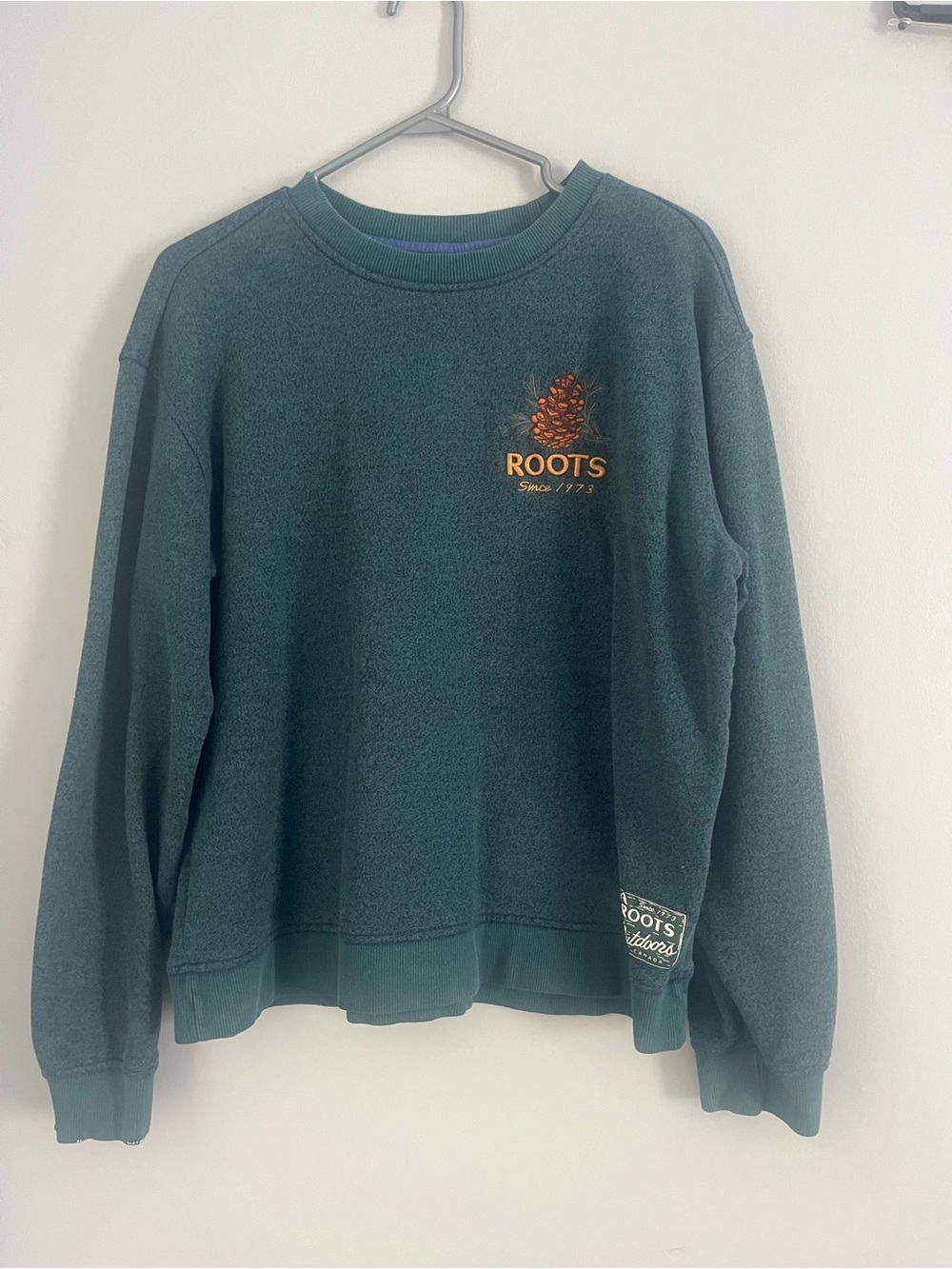 Roots Men's Dark Green Crewneck Sweatshirt with Pinecone Embroidery